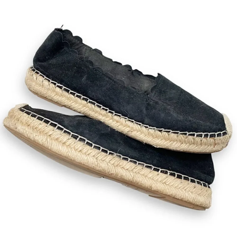 Crown Vintage Brae Espadrille Platform Slip-On Black Suede Scalloped Trim Sz 7.5